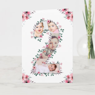 Big 2nd Birthday Girl Foto Collage Pink Flower Kaart