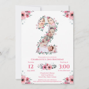 Big 2nd Birthday Girl Foto Collage Pink Flower Kaart