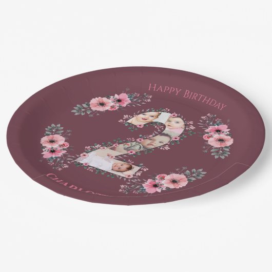 Big 2nd Birthday Girl Foto Collage Pink Flower Papieren Bordje (Gekanteld)