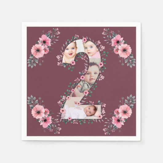 Big 2nd Birthday Girl Foto Collage Pink Flower Servet (Voorkant)