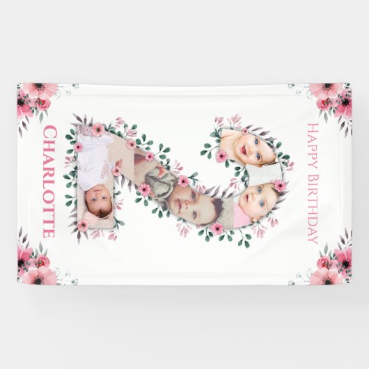 Big 2nd Birthday Girl Foto Collage Pink Flower Spandoek (Horizontaal)