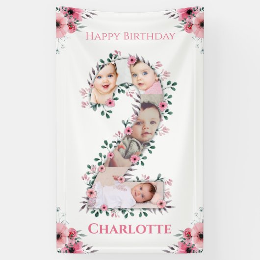 Big 2nd Birthday Girl Foto Collage Pink Flower Spandoek (Verticaal)
