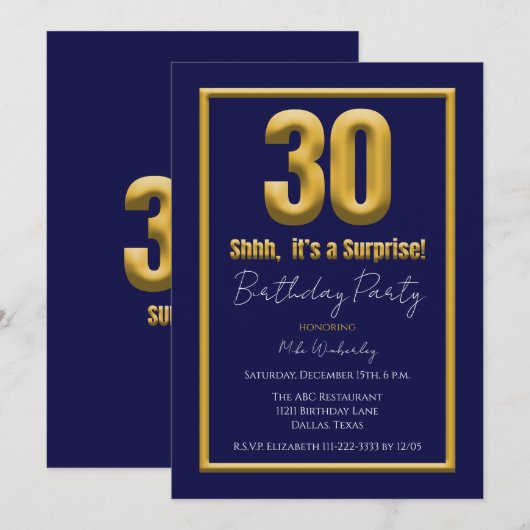 Big 30 Surprise Birthday Party Navy Blue Kaart (Voorkant / Achterkant)