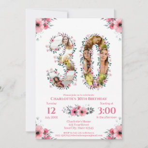 Big 30th Birthday Foto Collage Pink Flower White Kaart