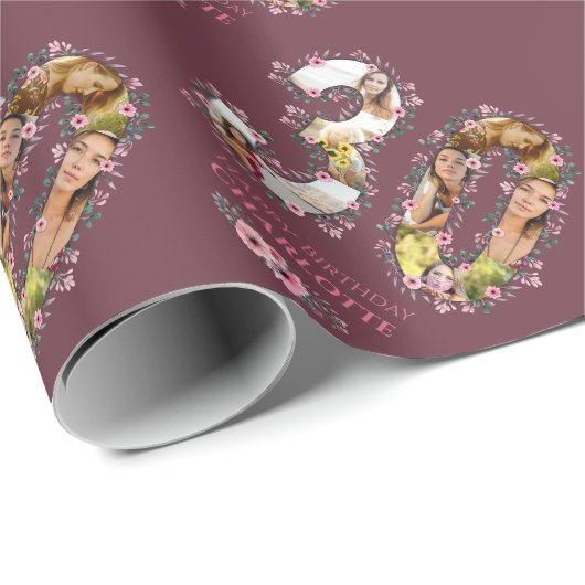 Big 30th Birthday Foto Collage Pink Flower Woman Cadeaupapier (Rol Hoek)