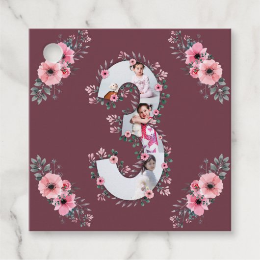 Big 3rd Birthday Girl Foto Collage Pink Flower Bedankjes Labels (Voorkant)