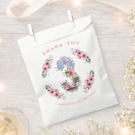 Big 3rd Birthday Girl Foto Collage Pink Flower Bedankzakje (Geknipt)