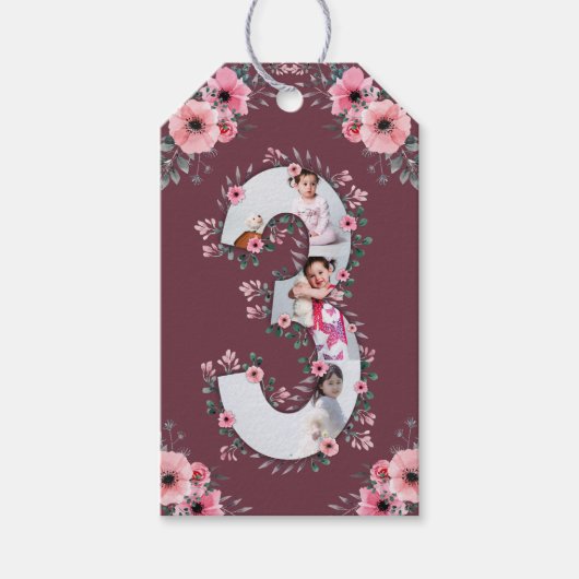 Big 3rd Birthday Girl Foto Collage Pink Flower Cadeaulabel (Voorkant)