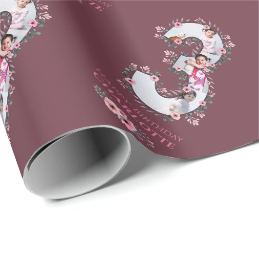 Big 3rd Birthday Girl Foto Collage Pink Flower Cadeaupapier (Rol Hoek)