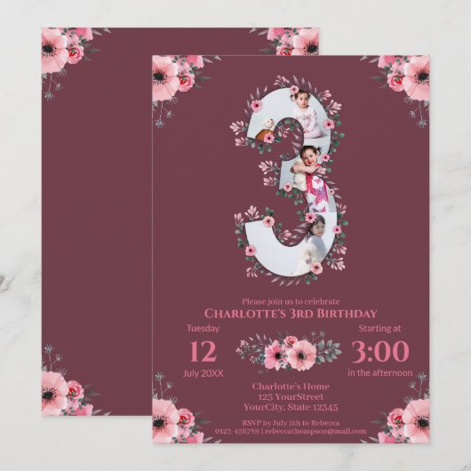 Big 3rd Birthday Girl Foto Collage Pink Flower in Kaart (Voorkant / Achterkant)