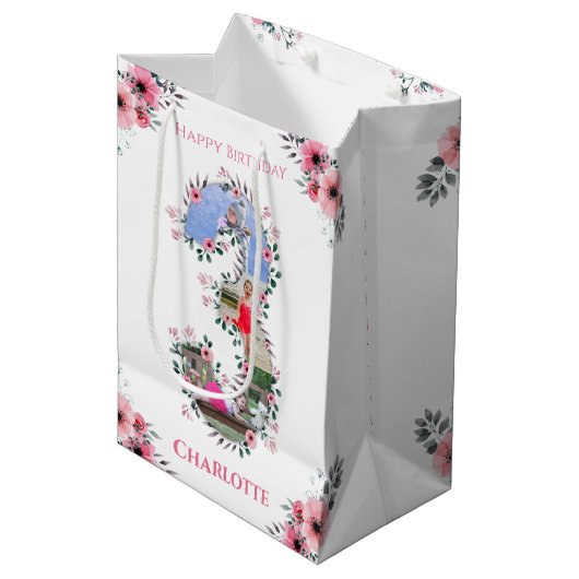 Big 3rd Birthday Girl Foto Collage Pink Flower Medium Cadeauzakje (Voorkant Gekanteld)