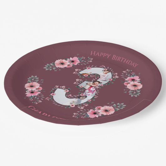 Big 3rd Birthday Girl Foto Collage Pink Flower Papieren Bordje (Gekanteld)
