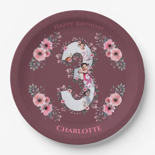 Big 3rd Birthday Girl Foto Collage Pink Flower Papieren Bordje (Voorkant)