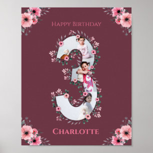 Big 3rd Birthday Girl Foto Collage Pink Flower Poster