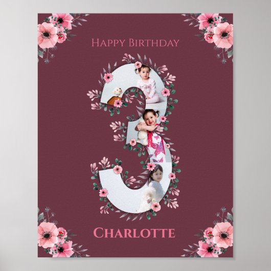 Big 3rd Birthday Girl Foto Collage Pink Flower Poster (Voorkant)