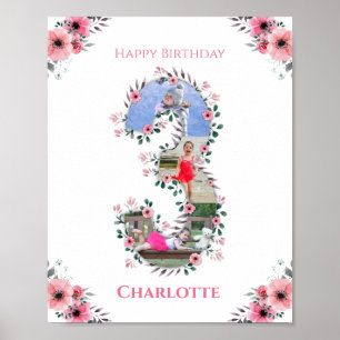 Big 3rd Birthday Girl Foto Collage Pink Flower Poster