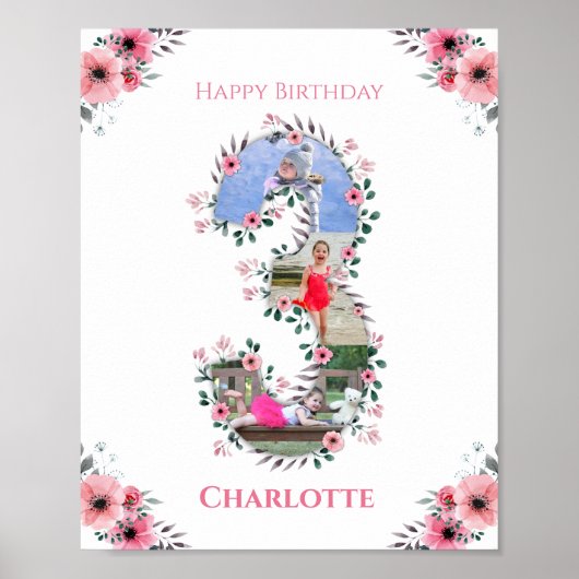 Big 3rd Birthday Girl Foto Collage Pink Flower Poster (Voorkant)