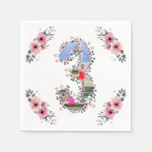 Big 3rd Birthday Girl Foto Collage Pink Flower Servet