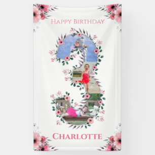 Big 3rd Birthday Girl Foto Collage Pink Flower Spandoek