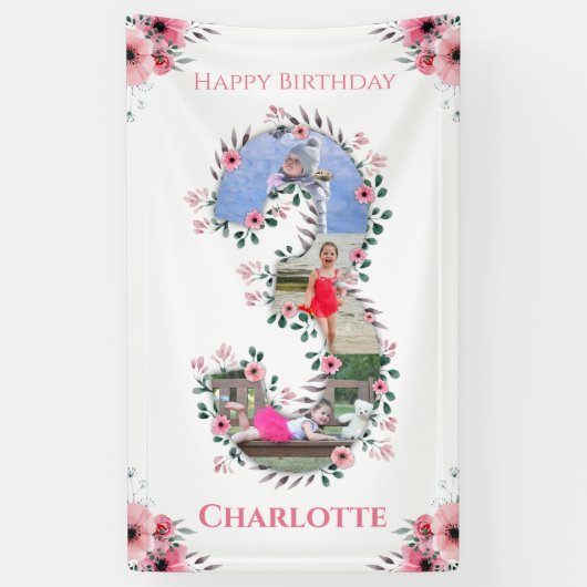 Big 3rd Birthday Girl Foto Collage Pink Flower Spandoek (Verticaal)