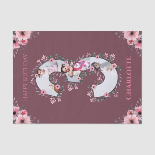 Big 3rd Birthday Girl Foto Collage Pink Flower Tissuepapier (Voorkant)