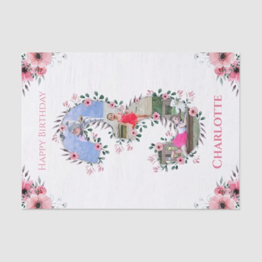 Big 3rd Birthday Girl Foto Collage Pink Flower Tissuepapier (Voorkant)