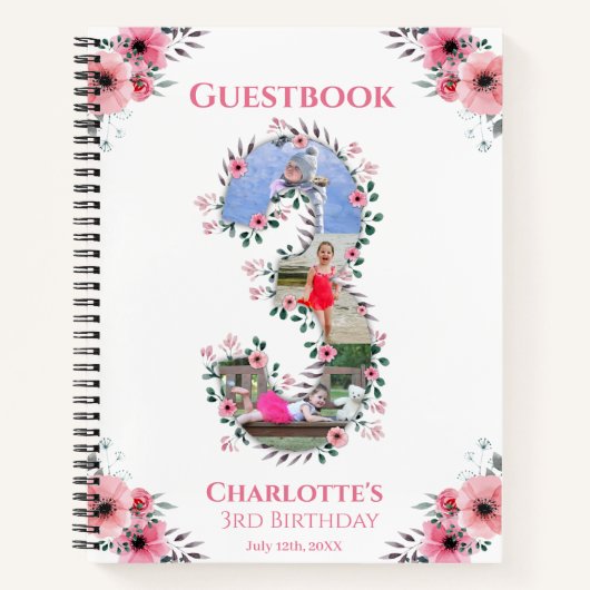 Big 3rd Birthday Girl Foto roze flower Guest Book Notitieboek (Voorkant)