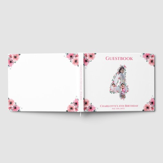 Big 4th Birthday Foto Collage Bloemenmeisje White Gastenboek (Volledig)