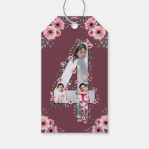 Big 4th Birthday Girl Foto Collage Pink Flower Cadeaulabel