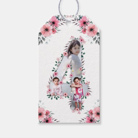 Big 4th Birthday Girl Foto Collage Pink Flower Cadeaulabel (Voorkant)