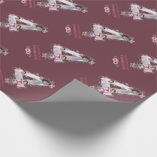 Big 4th Birthday Girl Foto Collage Pink Flower Cadeaupapier (Hoek)