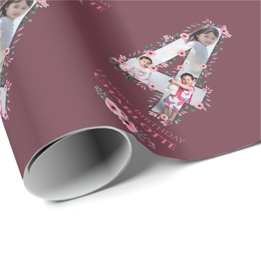 Big 4th Birthday Girl Foto Collage Pink Flower Cadeaupapier (Rol Hoek)