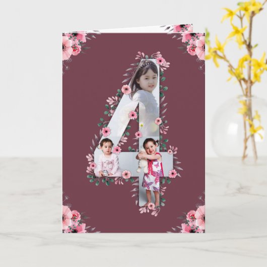Big 4th Birthday Girl Foto Collage Pink Flower Kaart (Gele Bloem)