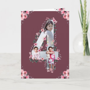 Big 4th Birthday Girl Foto Collage Pink Flower Kaart
