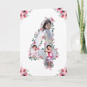 Big 4th Birthday Girl Foto Collage Pink Flower Kaart