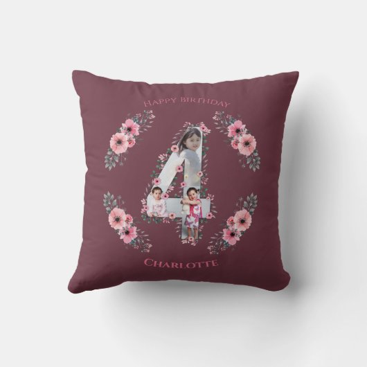 Big 4th Birthday Girl Foto Collage Pink Flower Kussen (Achterkant)