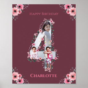 Big 4th Birthday Girl Foto Collage Pink Flower Poster