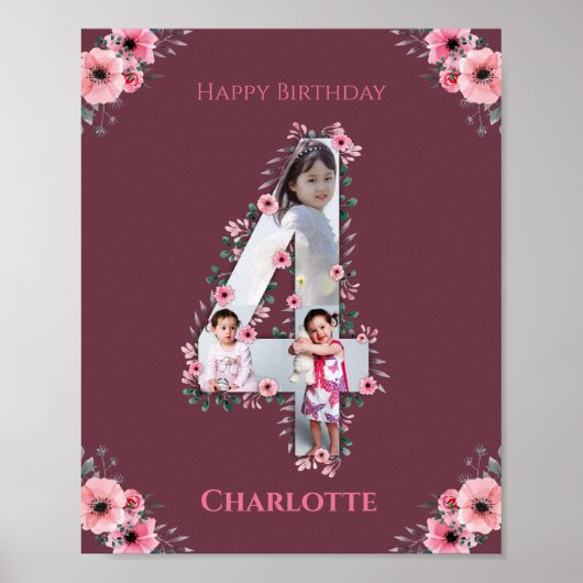 Big 4th Birthday Girl Foto Collage Pink Flower Poster (Voorkant)