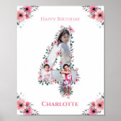 Big 4th Birthday Girl Foto Collage Pink Flower Poster (Voorkant)