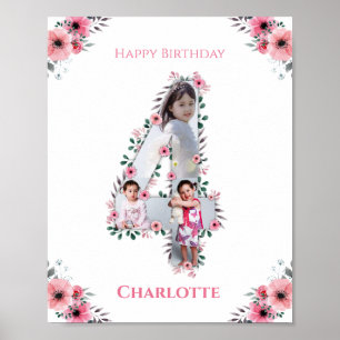 Big 4th Birthday Girl Foto Collage Pink Flower Poster