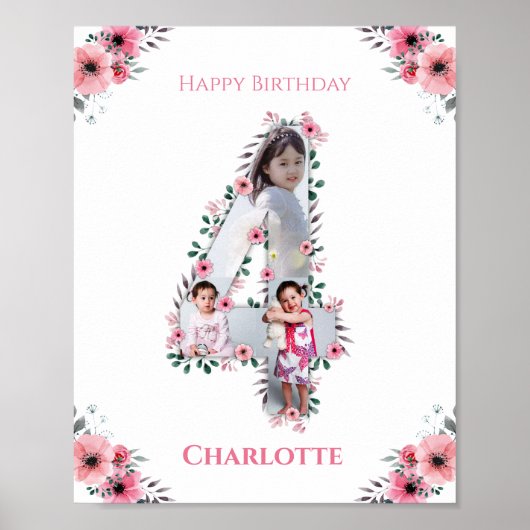 Big 4th Birthday Girl Foto Collage Pink Flower Poster (Voorkant)