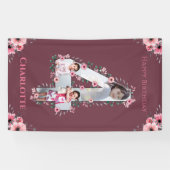 Big 4th Birthday Girl Foto Collage Pink Flower Spandoek (Horizontaal)