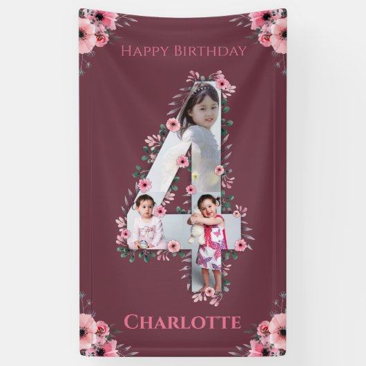 Big 4th Birthday Girl Foto Collage Pink Flower Spandoek (Verticaal)