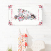 Big 4th Birthday Girl Foto Collage Pink Flower Spandoek (Insitu)