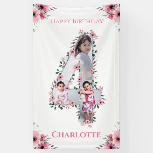 Big 4th Birthday Girl Foto Collage Pink Flower Spandoek (Verticaal)