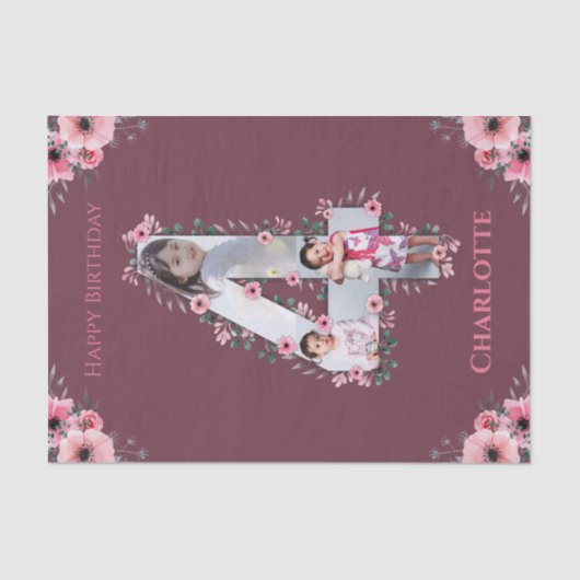 Big 4th Birthday Girl Foto Collage Pink Flower Tissuepapier (Voorkant)