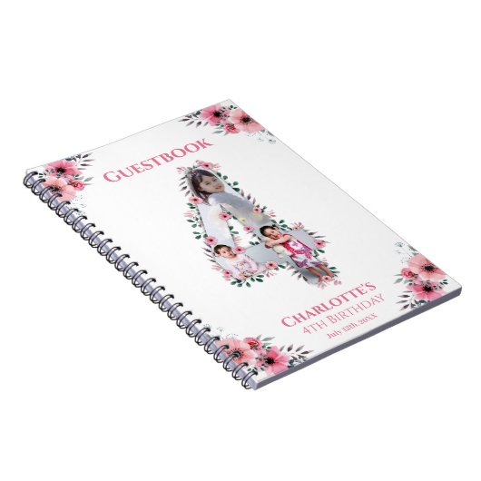 Big 4th Birthday Girl Foto roze flower Guest Book Notitieboek (Rechterzijde)