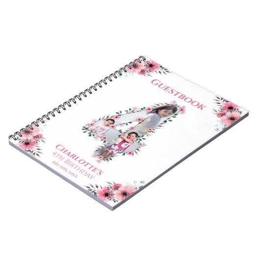 Big 4th Birthday Girl Foto roze flower Guest Book Notitieboek (Linkerzijde)