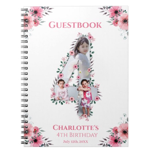 Big 4th Birthday Girl Foto roze flower Guest Book Notitieboek (Voorkant)