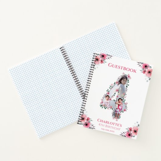 Big 4th Birthday Girl Foto roze flower Guest Book Notitieboek (Binnen)